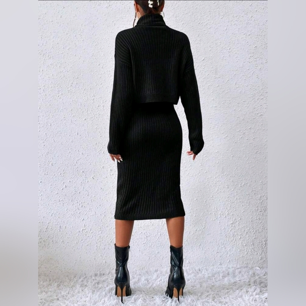 New Chic 2 Piece Ribbed Sweater Dress Black Two Piece Set - Picture 4 of 8